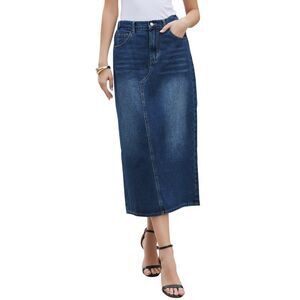 Women's Denim Skirt Midi Length Elastic Waist Split Back Long Jean Skirts